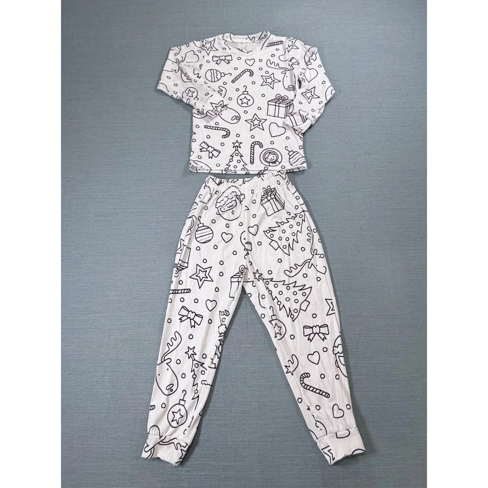 Kids Christmas Color Your Own Pajama Set White Black Holiday Sleepwear Size 3